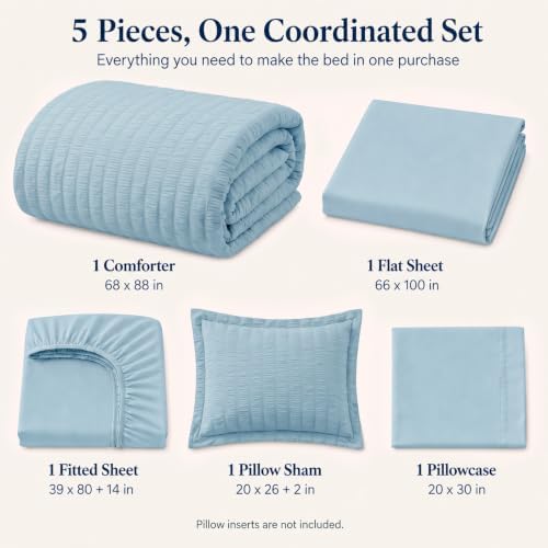 CozyLux Twin XL Comforter Set, 5 Pieces Light Blue Seersucker Bed in a Bag