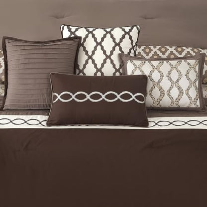 LANCO MODERN LIFESTYLE King Size Comforter Set, Brown, 10 Piece Bed in a Bag for All Seasons, Luxury Extreme Comfort Bedding Sets with Bedskirt, Pillow Shams, Euro Shams and Decor Pillows