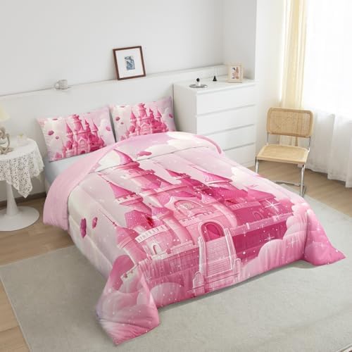Homewish Teens Dream Castle Comforter Set Queen Size,Princess Style Bedding Set for Kids Boys Girls Bedroom Decoration,Pink Glitter Bed Duvet Insert,Gilry Castle Comforter with 2 Pillowcases
