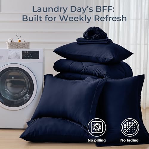 HEVUMYI 7-Piece Oversized King Comforter Set, Navy Bed in a Bag