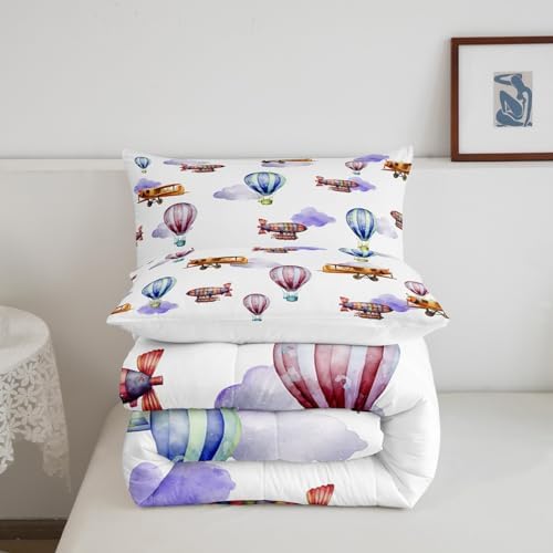 Erosebridal Queen Size Airplane Bedding Set for Boys Girls,Vintage Hot Air Balloon Comforter Set Air Plane Decor for Kids Bedroom,Airship Aircraft Comforter Set Aviation Themed Quilt Bed Set 3Pcs