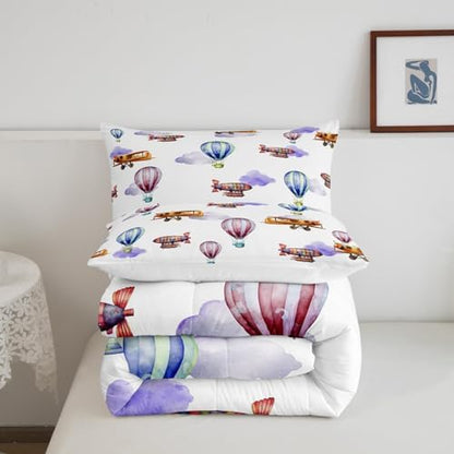 Erosebridal Queen Size Airplane Bedding Set for Boys Girls,Vintage Hot Air Balloon Comforter Set Air Plane Decor for Kids Bedroom,Airship Aircraft Comforter Set Aviation Themed Quilt Bed Set 3Pcs
