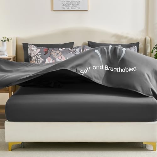 Luxudecor Floral Comforter Set Queen Bed in a Bag Set,7 Pieces Dark Gray Floral Comforter and Sheet Set,Soft Microfiber Bedding Sets for All Seasons (Dark Gray,90"X90")