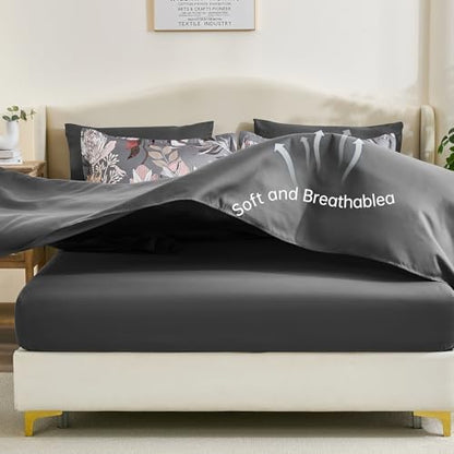 Luxudecor Floral Comforter Set Queen Bed in a Bag Set,7 Pieces Dark Gray Floral Comforter and Sheet Set,Soft Microfiber Bedding Sets for All Seasons (Dark Gray,90"X90")