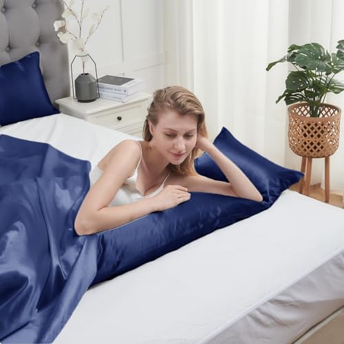 Vielit Satin Body Pillow Pillowcase 1pc,Silky Body Pillow Cover Similar to Silk Pillow Cases Soft Body Pillow Case 20x54 & Envelope Closure,Gift for Women Men Navy & 1 Satin Scunchie