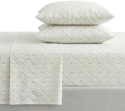 Martha Stewart - Twin Sheet Set with Fitted Sheet & Pillowcase, Cotton Percale Bedding with a Smooth Feel, Deep Pocket, Costa Blue
