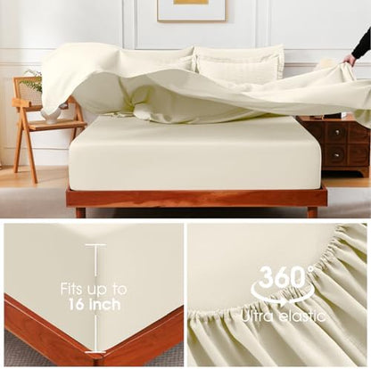 FreshCulture Comforter Set Seersucker 7 Pieces, All Season Bedding Set Full, Bed in a Bag Comforter Set with 1 Comforter, 1 Flat Sheet, 1 Fitted Sheet, 2 Pillowcases and 2 Pillow Shams, Ivory