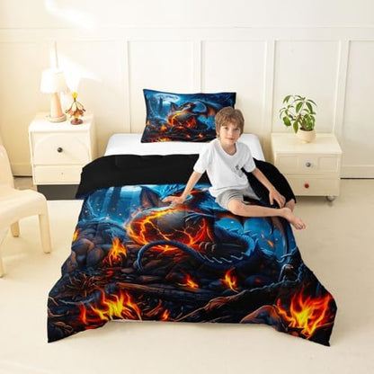 Feelyou Blue Black Dragon Bedding Set Soft for Boys Girls, Wild Animal Comforter Set Toddler Size Mysterious Dragon Egg Duvet Quilt Microfiber Gothic Magic Bedroom Decor 2 Pcs with 1 Pillow Cases
