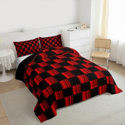Feelyou Checkered Bedding Set for Boys Girls Abstract Ombre Comforter Set Twin Size Modern Geometric Red Black Duvet Quilt Cute Neutral Aesthetic Plaid Bedroom Decor 2 Pcs with 1 Pillow Cases