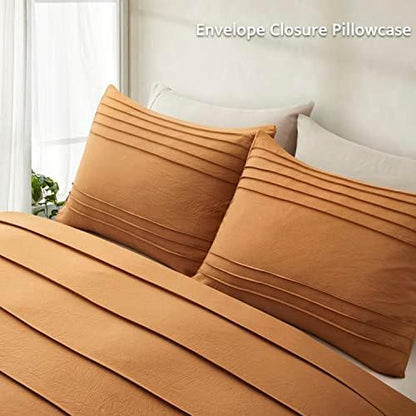 Oli Anderson 3PCS Pleated Duvet Cover Set, Pumpkin Brown, Queen