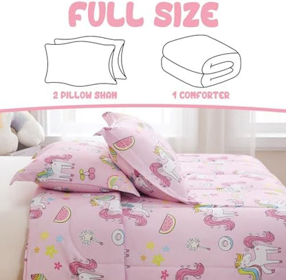 Yibeizi Pink Unicorn Bed Comforter Set for Girls Full Size Bedding
