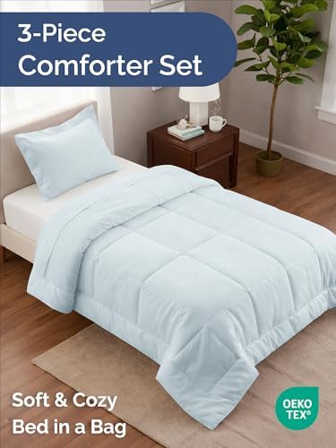 Twin Comforter Set - Ice Blue Bedding for All Seasons - 2 Piece Bed Set