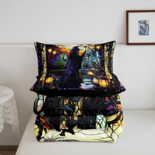 Fairy Witch Kids Comforter Set Queen Size,Halloween Lamp Gothic Magical Castle Bedding Set,Girls Boys Room Decor,Geometric Patchwork Glass Painting Quilt Comforter,Retro Duvet Insert,2 Pillowcases