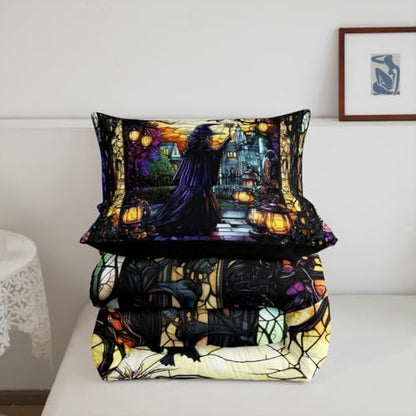 Fairy Witch Kids Comforter Set Full Size,Halloween Lamp Gothic Magical Castle Bedding Set,Girls Boys Room Decor,Geometric Patchwork Glass Painting Quilt Comforter,Retro Duvet Insert,2 Pillowcases