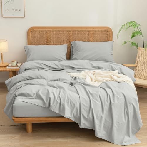 BESTOUCH Full Washed Cotton Linen Feel Sheets 4 Pcs Northern Droplet Grey