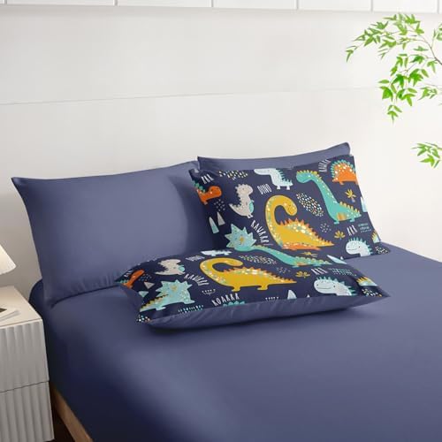 7Pcs Comforter Set Cartoon Dinosaur Printed Bedding Set with 1 Comforter, 1 Flat Sheet, 1 Fitted Sheet and 4 Pillowcases for Boys and Girls Bedroom All Season(Queen)