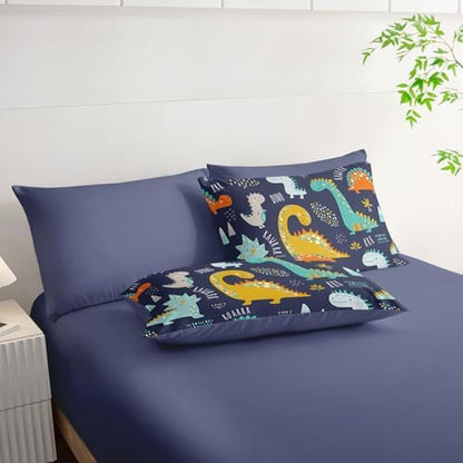 7Pcs Comforter Set Cartoon Dinosaur Printed Bedding Set with 1 Comforter, 1 Flat Sheet, 1 Fitted Sheet and 4 Pillowcases for Boys and Girls Bedroom All Season(Queen)