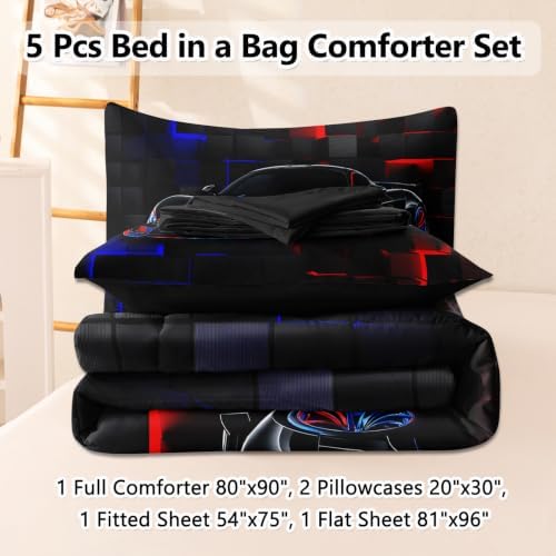 5 Pcs Car Comforter Sets for Boys, Cool Blue Red Race Car Full Size Car Bedding Set for Boys Teens