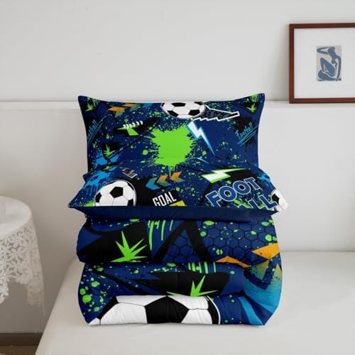 Erosebridal Boys Soccer King Size Comforter Set for Kids Teens Adults,Lightning Football Bedding Set,Sports Ball Game Duvet Insert,Sports Lover Bed Set for All Season