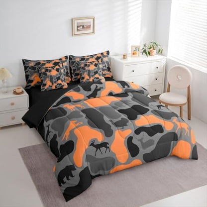 Erosebridal Hunter Deer 7 Piece Bedding Set Queen Camouflage Comforter Set with Sheets Black Orange Army Camo Woods Bed in a Bag Hound Bear Wolf Turkey Pattern for Kids Boys Girls