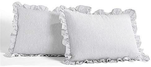 Lush Decor Ticking Stripe Bedspread Queen Size 3 Piece Set Gray - Ruffle Bedding Set Queen Bedspreads - Striped Bedding - Farmhouse & Coquette Decor