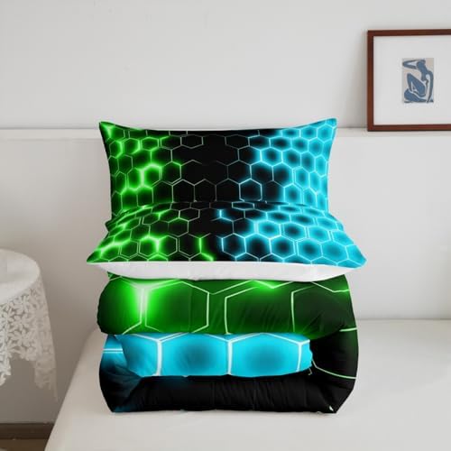 Feelyou Green Blue Honeycomb Bedding Set Fluorescent Geometrics Hexagon Comforter Set Beehive Hexagon Comforter for Boys Girls Geometric Duvet Set King Size Quilt 3Pcs Boys