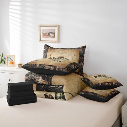 Erosebridal Rustic Bass Fish Twin Comforter Set with Sheets 7 Piece Country Camo Fishing Bedding Set Woodland Camouflage Lake Fish Bed in A Bag for Kids Boys Teen Men Retro Farmhouse Cabin Bed Set
