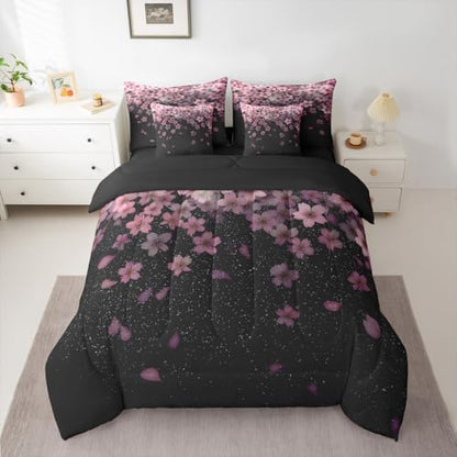 Erosebridal Cherry Blossom King Comforter Set Pink Flower 7 Pieces Bedding Petal Floral Bed Set with Sheets Starry Sky Girly Bed in A Bag Bedroom Decor