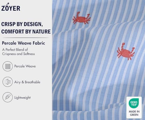 ZOYER 100% Cotton Sheets – Twin Size Percale Bedding, Cooling & Breathable, Durable with a Crisp, Soft & Comfortable Feel, 16" Deep Pocket, 3-Piece Set, Crab Stripe