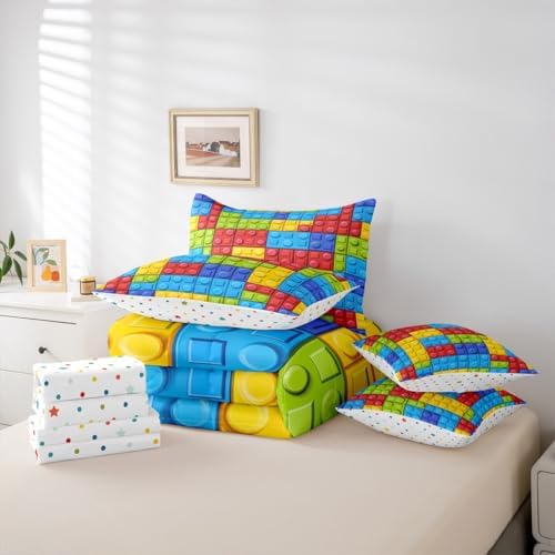 Feelyou Colorful Toy 7 Piece Bedding Set Teen Women Men Funny Building Blocks Decoration Comforter Set with Sheets King Size Kids Boys Colorful Geometric Brick Bed in a Bag Cute Games Room Decor