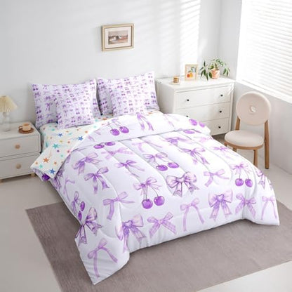 Erosebridal Purple Cherry Bow King Size Comforter Set with Sheets Cute Silk Ribbon Bowknot 7 Piece Bedding Set, Princess Bow Tie Dreamy Kawaii Bed in a Bag, Princess Room Decor Aesthetic