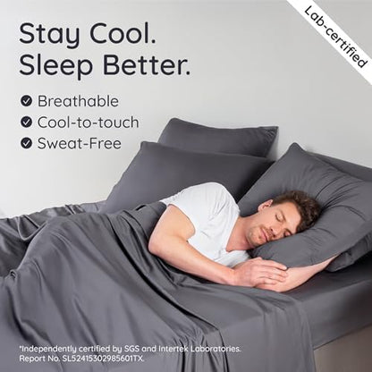 Bambaw 100% Viscose Derived from Bamboo Queen Size Sheet Set - 6pcs Cooling, Deep Pocket Fits Up to 16'' with Elastic Corner Straps, Queen Soft Sheets (Charcoal)
