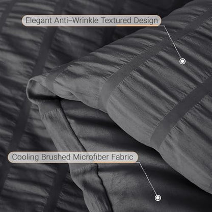MUXHOMO 7 Pieces Oversized Queen Comforter Set, Seersucker Bed in a Bag Oversized Queen Size, All Season Luxury Bedding Set with Comforter, Flat Sheet, Fitted Sheet, Pillowcases & Shams, Dark Grey