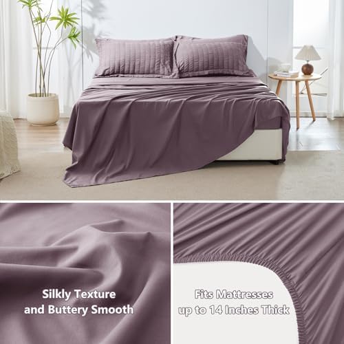 HIMEET King Comforter Set, 7-Piece Seersucker Bed in a Bag, Dusty Purple