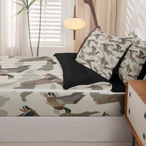 Feelyou Mallard Duck Zipper Bedding Brown Camouflage Comforter Set for Kids Boys Girls Twin Size Cabin Lodge Camo Zippered Kids Bedding Set Ultra Soft Wild Hunting Bed in a Bag
