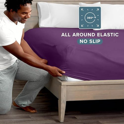 Bare Home Fitted Bottom Sheet Split King Size - Premium 1800 Microfiber - Ultra-Soft Hotel Luxury - Deep Pocket - Durable and Long Lasting (Split King, Plum)