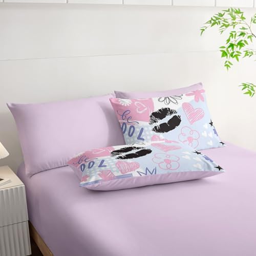7Pcs Comforter Set Pink Purple Graffiti Stars Hearts Printed Bedding Set with 1 Comforter,1 Flat Sheet,1 Fitted Sheet and 4 Pillowcases Bedroom All Season(Twin)