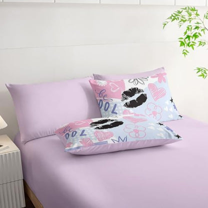 7Pcs Comforter Set Pink Purple Graffiti Stars Hearts Printed Bedding Set with 1 Comforter,1 Flat Sheet,1 Fitted Sheet and 4 Pillowcases Bedroom All Season(Full)