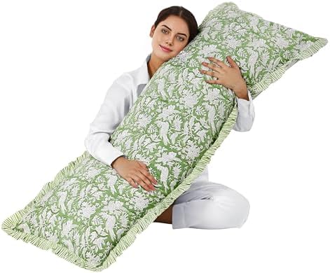 CPC Block Print Olive Green Ruffle Cotton Lumbar Pillow Cover 20x54 inch