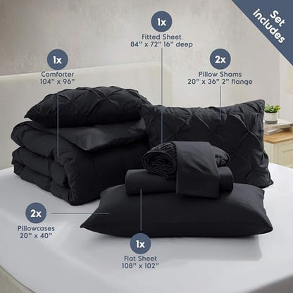 Nestl 9 Piece California King Comforter Set – Black Pinch Pleated Bed in a Bag – Complete Cal King Size Bedding Set with Sheets, Set of 2 Cooling Pillows, Pillowcases and Shams