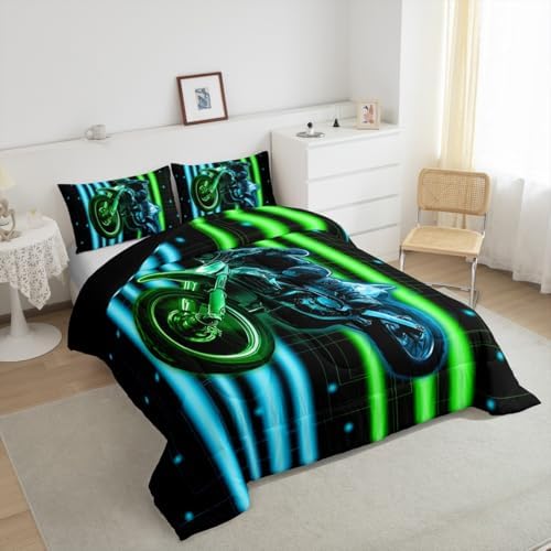 Feelyou Dirt Bike Kids Bedding Set,Boys Girls Toddler Size,Racing Motocross Rider Comforter Set,Extreme Sports Ultra Soft Duvet Quilt,3D Pattern Comforter Colorful Modern Bedroom Decor