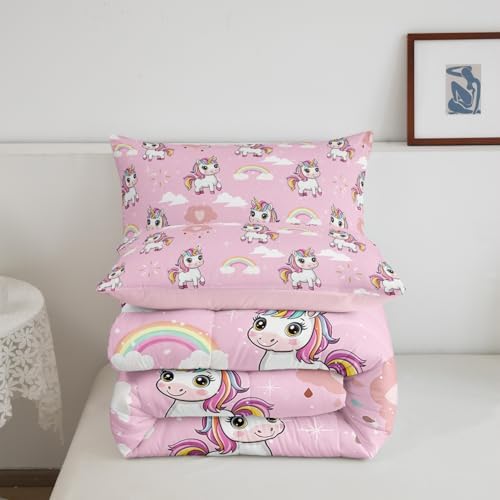 Homewish Cute Unicorn Bedding Set Cartoon Rainbow Comforter Set for Kids Boys Lovely Horse Comforter Kawaii Theme Quilt Set 1 Comforter Set with 1 Pillowcase Toddler Size