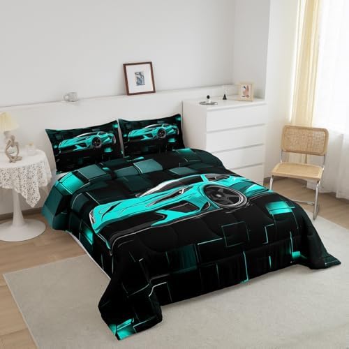 Erosebridal Kids Racing Car Comforter Set Twin Blue Sports Car Bedding Set for Boys 3D Geometric Blocks Down Comforter Speed Race Car Quilt Black Blue Squares Duvet Insert 2Pcs Bedding Decor