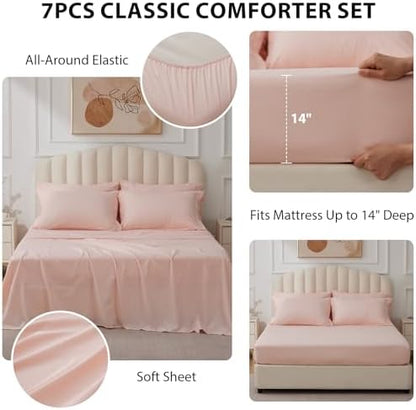 King Size Comforter Set Pink, 7 Pieces Bed in a Bag Bedding Set