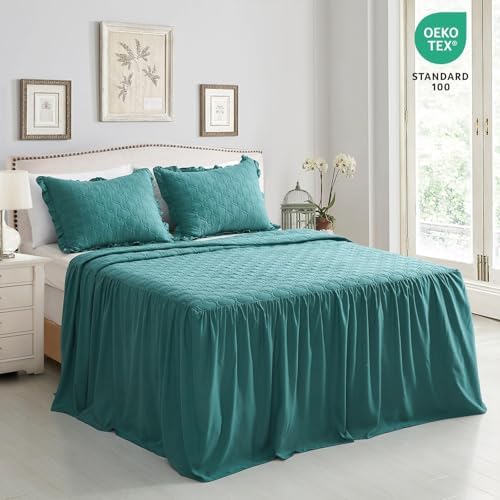 CHIXIN Ruffle Skirt Bedspread - 30" Long Drop, Shabby Chic Style Bedding, Lightweight, 3 Piece Set, King Size, Lagoon