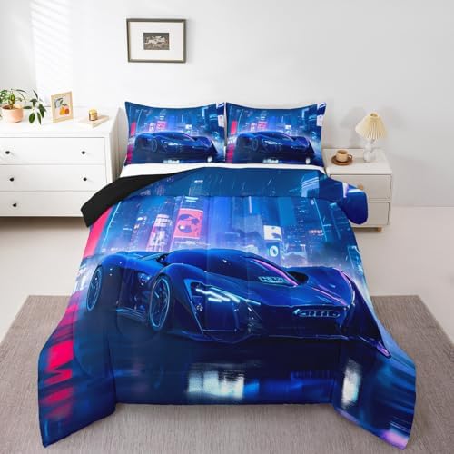 Feelyou City Racing Car Bedding Set Full Size Blue Sport Car Comforter Set for Adult Kids Boys Teens Fast and Furious Duvet Set Luxury Car Quilt Set 3Pcs