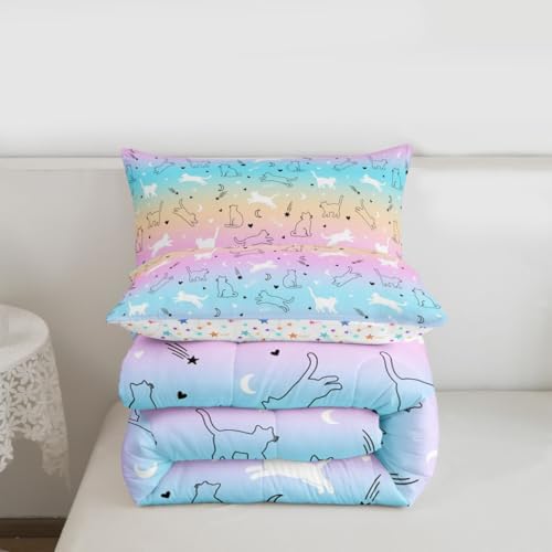 Kids Cute Cat Comforter Set - Full Gradient Line Bedding for Boys & Girls - Lovely Cartoon Pet Cats, Kawaii Kitten Print Duvet Insert, Animal Themed Design Quilt