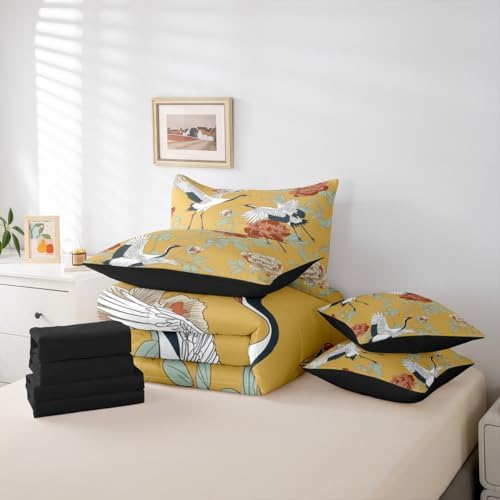 Erosebridal Red Crowned Crane Comforter Set Japanese Ukiyo-E Bed in A Bag Full Size 7 Pieces Vintage Floral Bed Set Room Decor Red Leaves Branch Asian Culture Bedding with Sheets