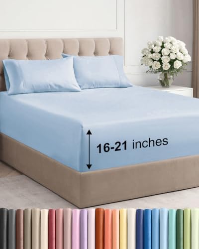Extra Deep Pocket Queen Size Sheet Set - Breathable & Cooling - Sky Blue