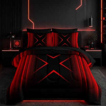 Nttopship Red and Black Geometric Comforter Set King Size 7Pieces,3D Abstract Mordern Printed Bedding Set for Adults,Geometric Mordern Decor All Seasons with Pillowcases,Flat, Fitted Sheet